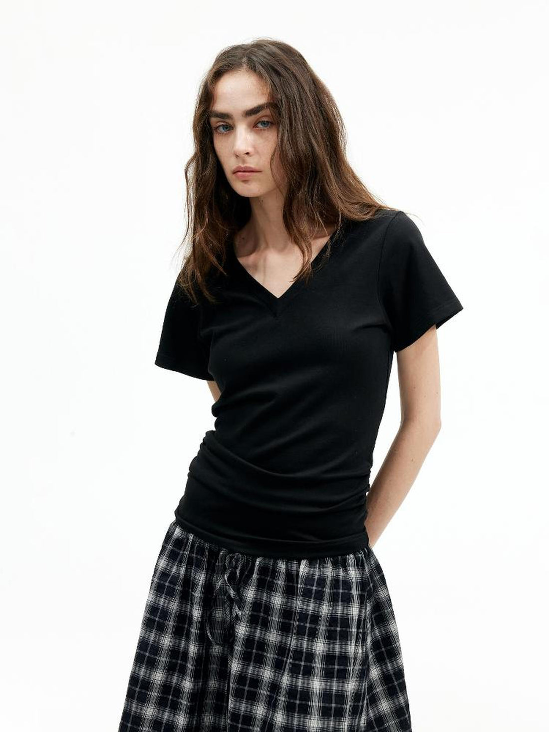 AFTADAWN Modal V-Neck Reversible Layered Waist T-Shirt