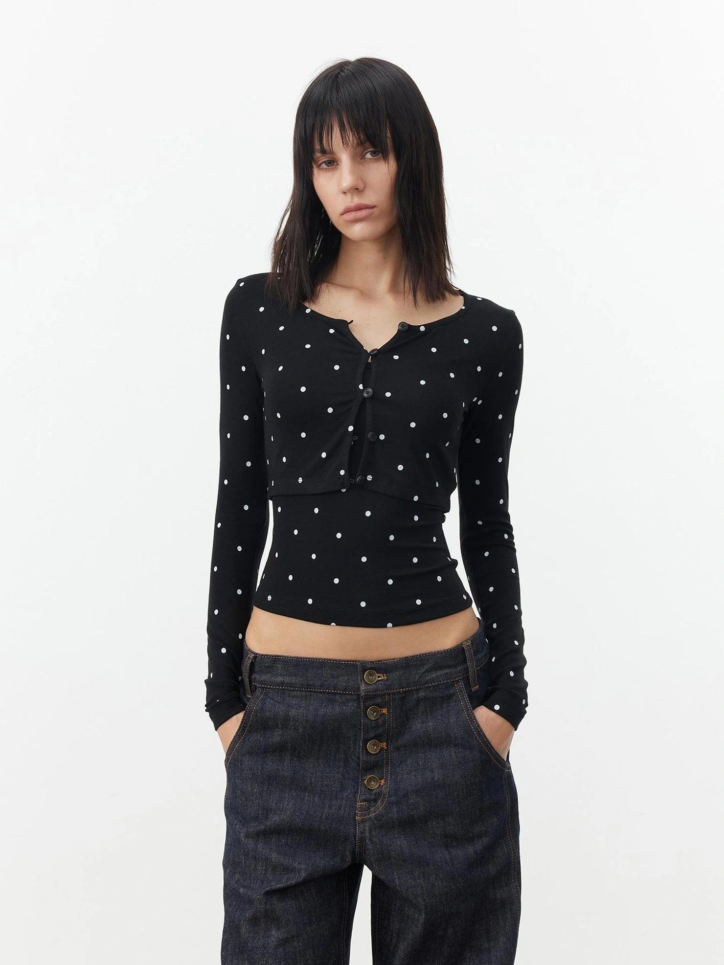 AFTADAWN Modal Wool Stretch Polka Dot Layering Set V-neck T-shirt Long Sleeve T-shirt