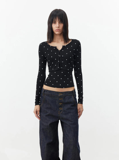 AFTADAWN Modal Wool Stretch Polka Dot Layering Set V-neck T-shirt Long Sleeve T-shirt
