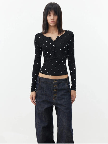 AFTADAWN Modal Wool Stretch Polka Dot Layering Set V-neck T-shirt Long Sleeve T-shirt