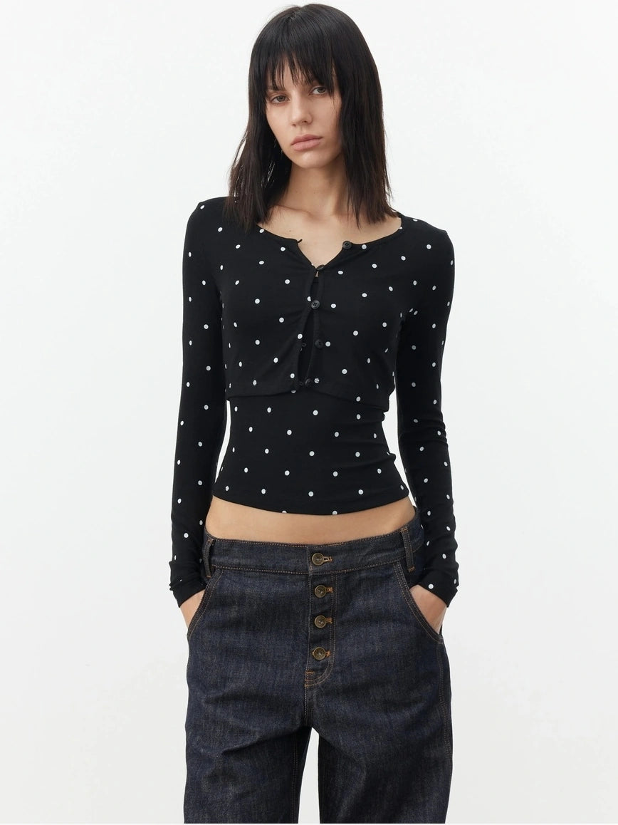 AFTADAWN Modal Wool Stretch Polka Dot Layering Set V-neck T-shirt Long Sleeve T-shirt