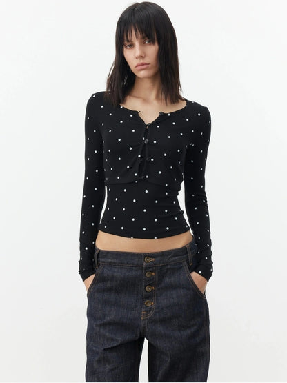 AFTADAWN Modal Wool Stretch Polka Dot Layering Set V-neck T-shirt Long Sleeve T-shirt