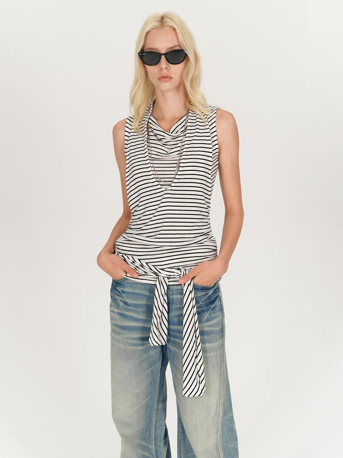 AFTADAWN Multi Way Draped Neckline Striped Lyocell Tee