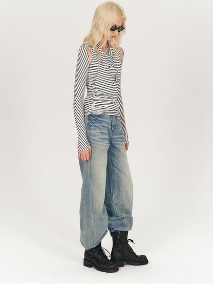 AFTADAWN Multi Way Draped Neckline Striped Lyocell Tee