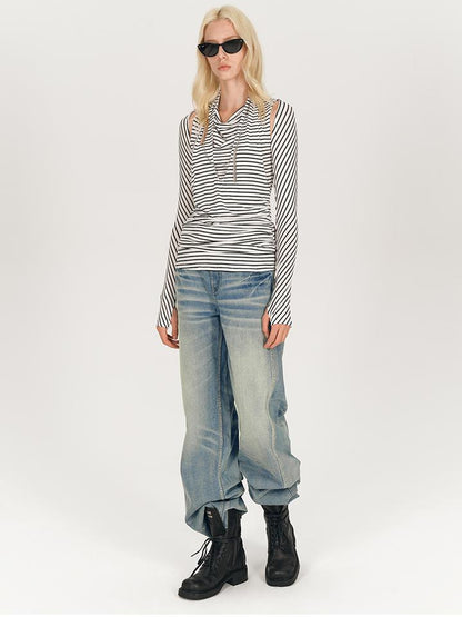 AFTADAWN Multi Way Draped Neckline Striped Lyocell Tee