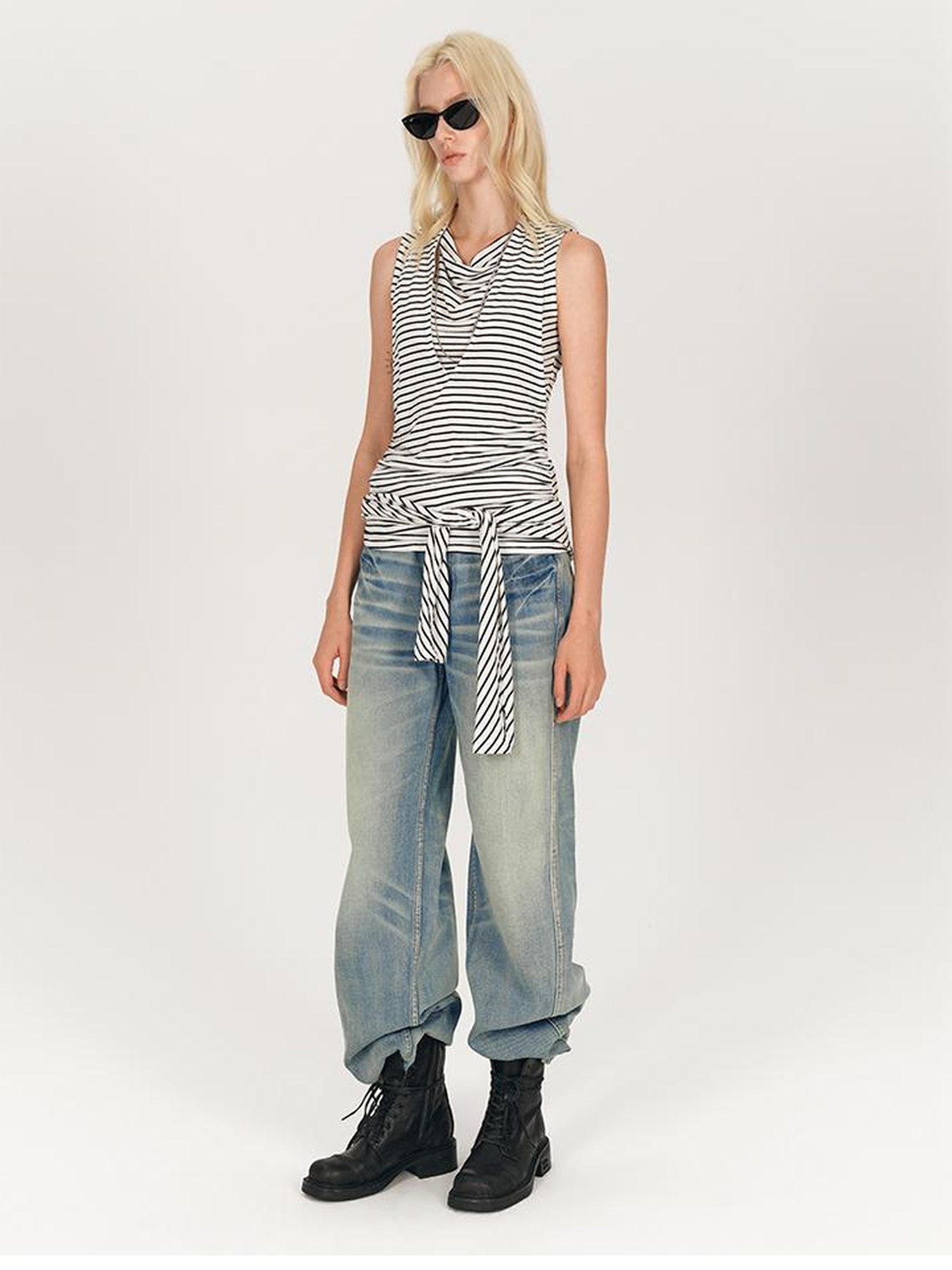 AFTADAWN Multi Way Draped Neckline Striped Lyocell Tee