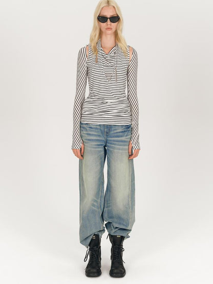 AFTADAWN Multi Way Draped Neckline Striped Lyocell Tee
