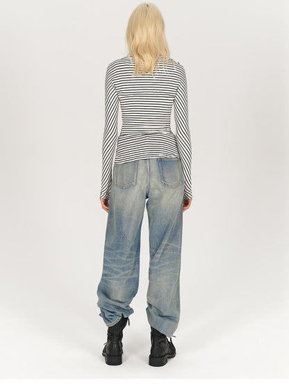AFTADAWN Multi Way Draped Neckline Striped Lyocell Tee