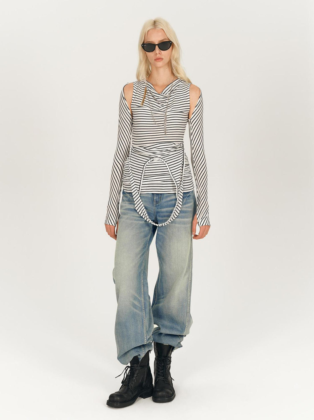 AFTADAWN Multi Way Draped Neckline Striped Lyocell Tee