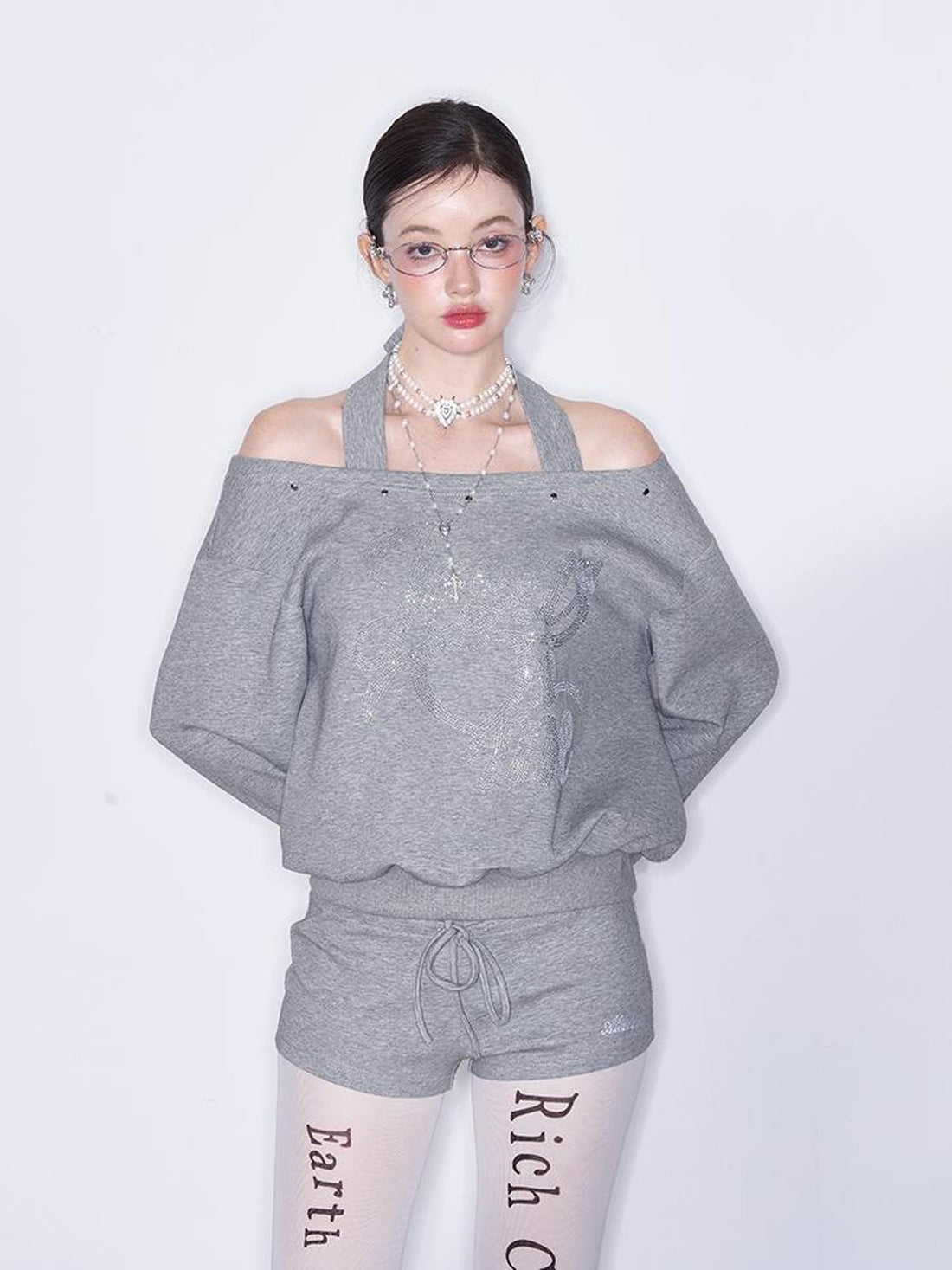 AFTADAWN Multi Way Shoulder Studded Rhinestone Sweatshirt Set