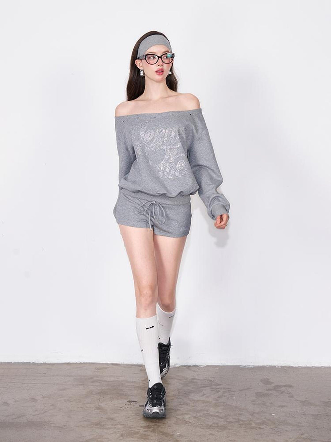 AFTADAWN Multi Way Shoulder Studded Rhinestone Sweatshirt Set