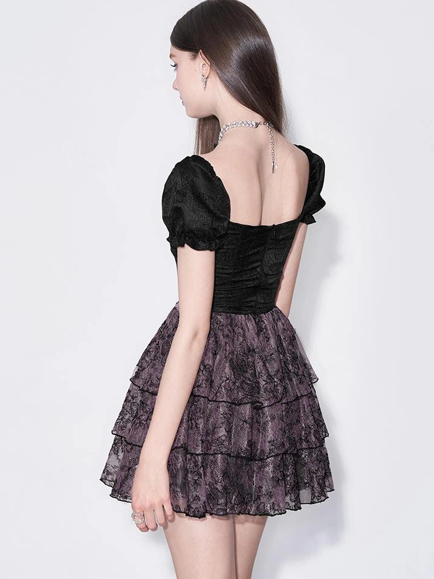 Mystic Purple Butterfly Lace Trim Fit Flare Bubble Hem Dress