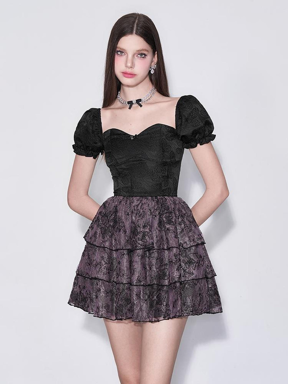 AFTADAWN Mystic Purple Butterfly Lace Trim Fit Flare Bubble Hem Dress