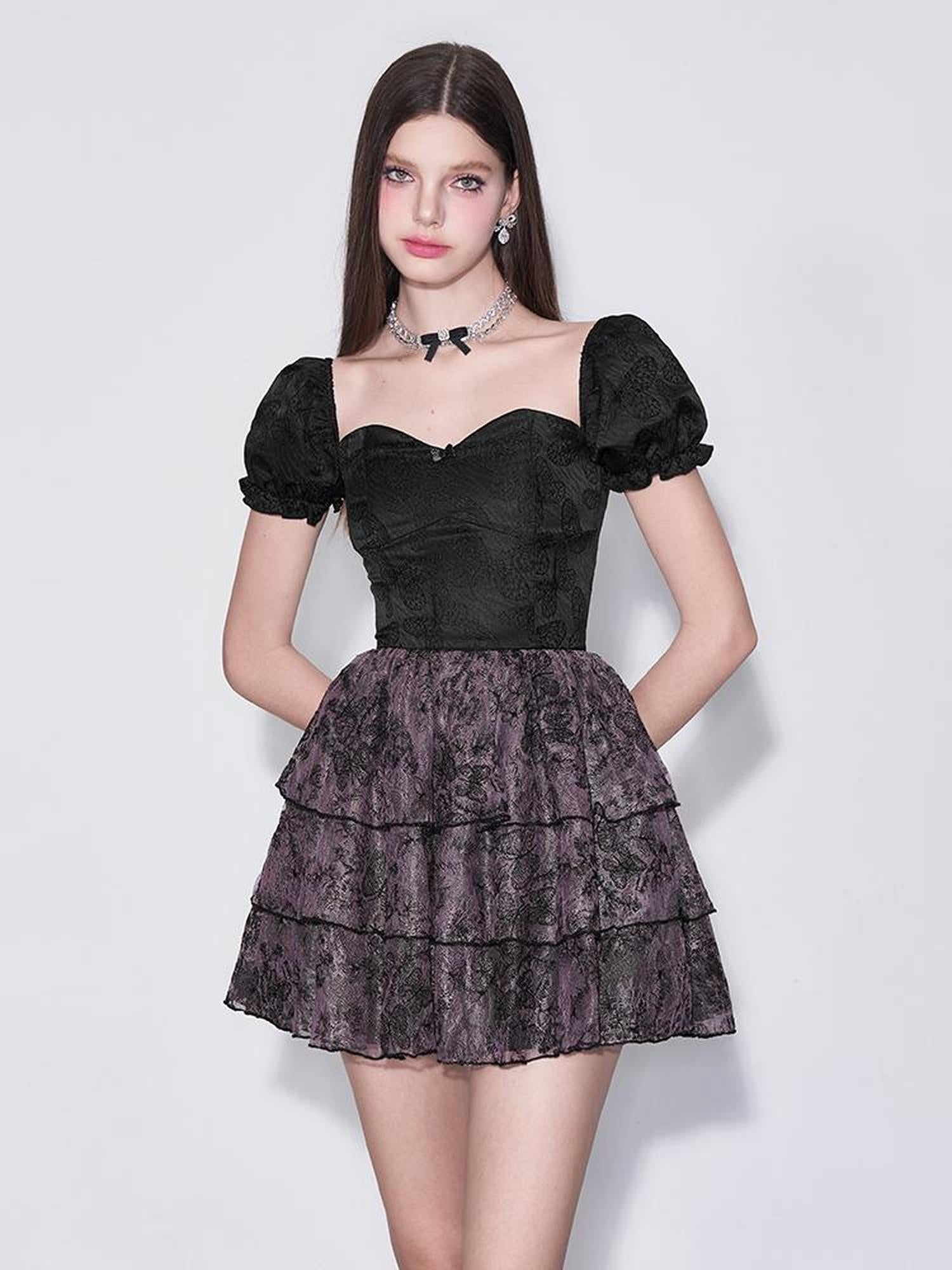 AFTADAWN Mystic Purple Butterfly Lace Trim Fit Flare Bubble Hem Dress