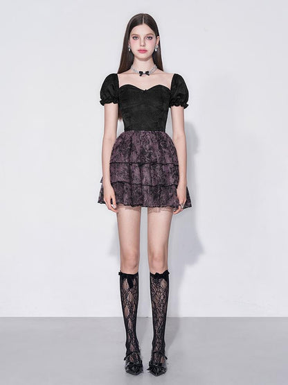 AFTADAWN Mystic Purple Butterfly Lace Trim Fit Flare Bubble Hem Dress