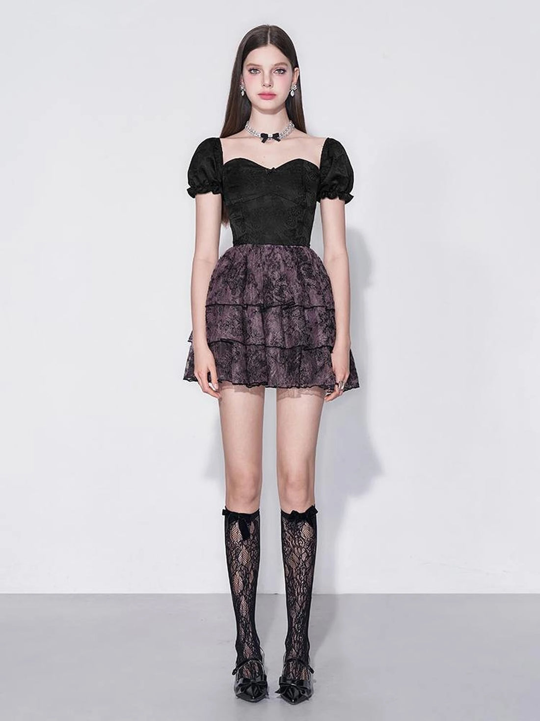 Mystic Purple Butterfly Lace Trim Fit Flare Bubble Hem Dress