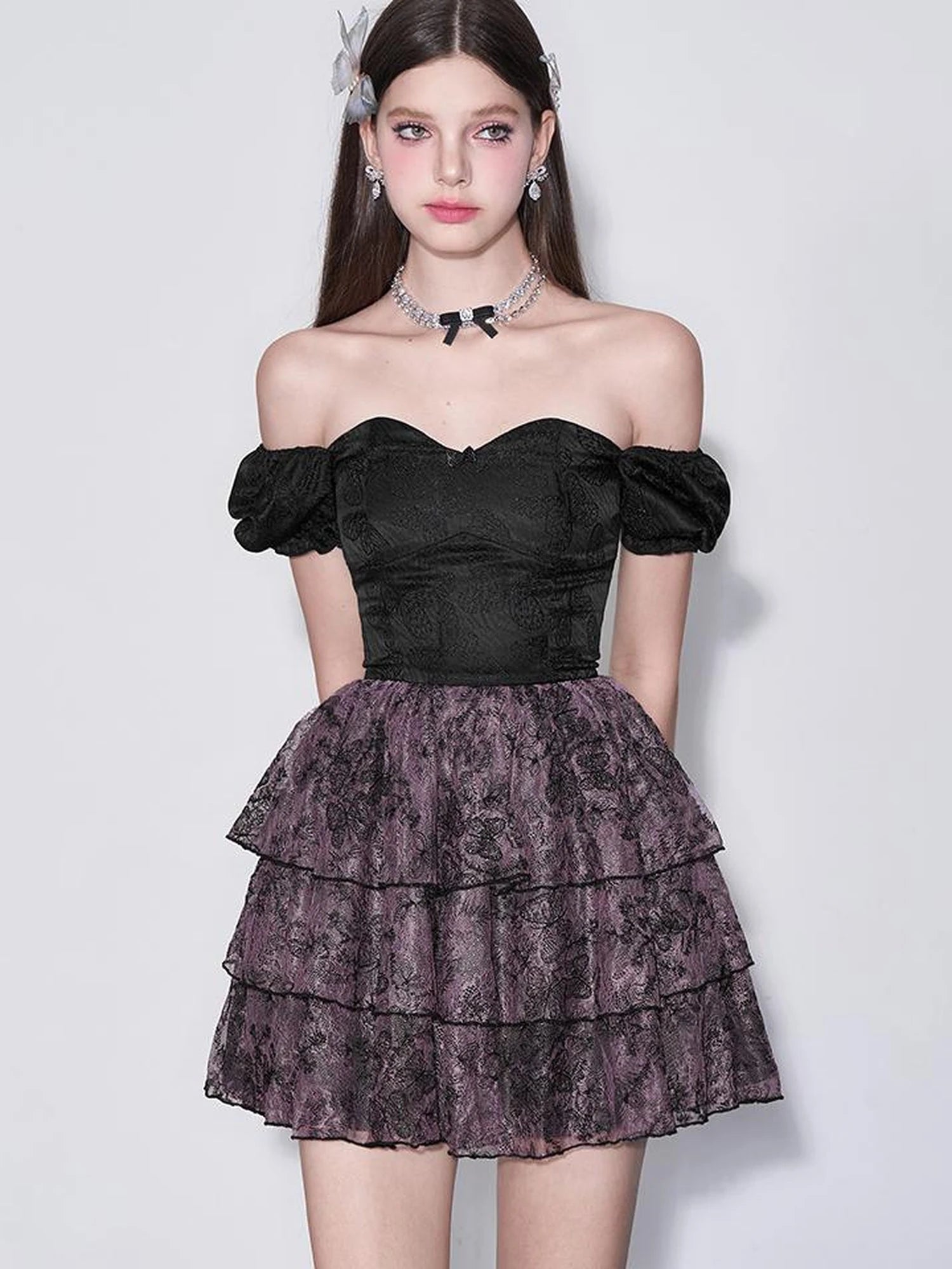 Mystic Purple Butterfly Lace Trim Fit Flare Bubble Hem Dress