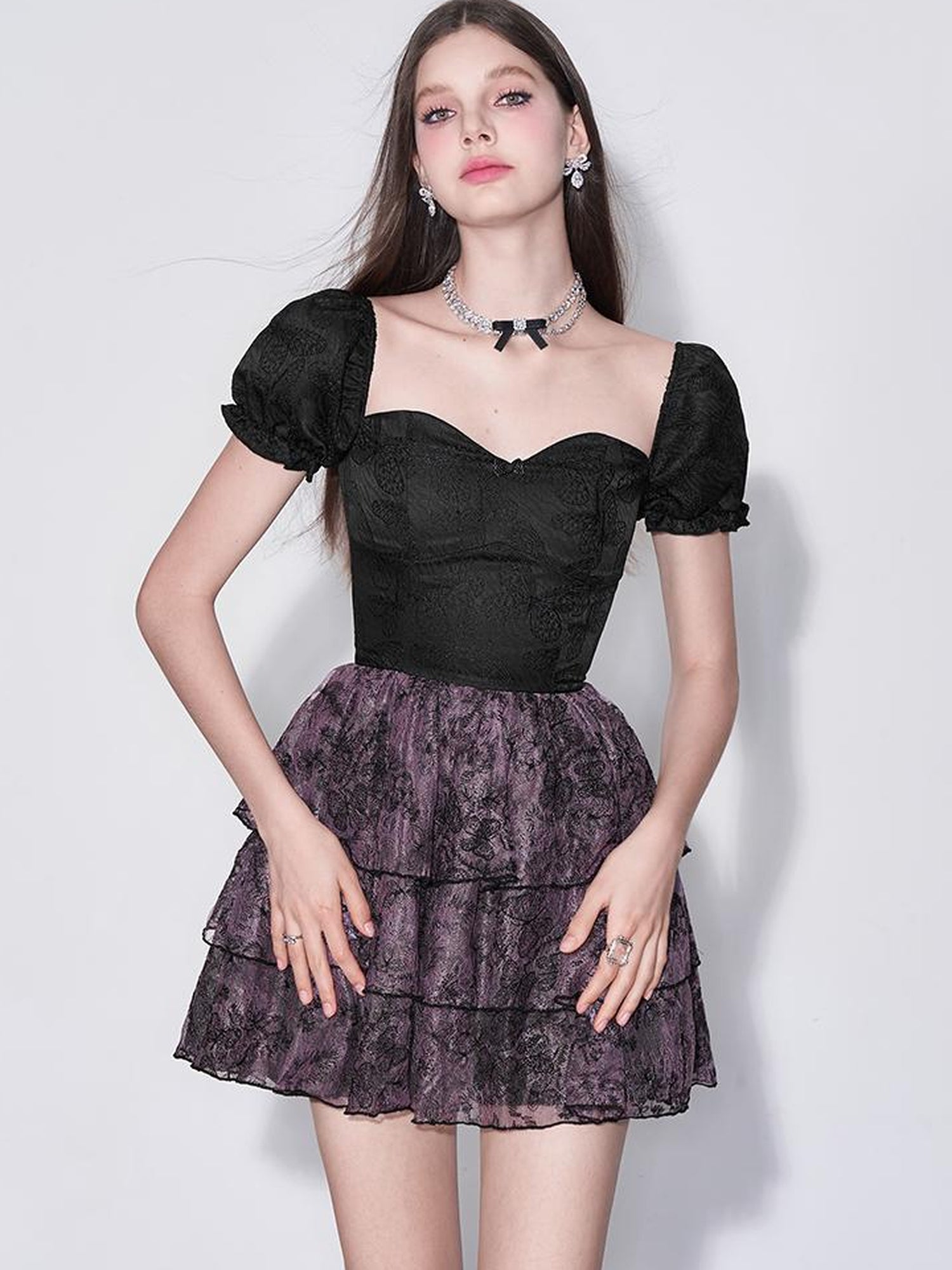 AFTADAWN Mystic Purple Butterfly Lace Trim Fit Flare Bubble Hem Dress