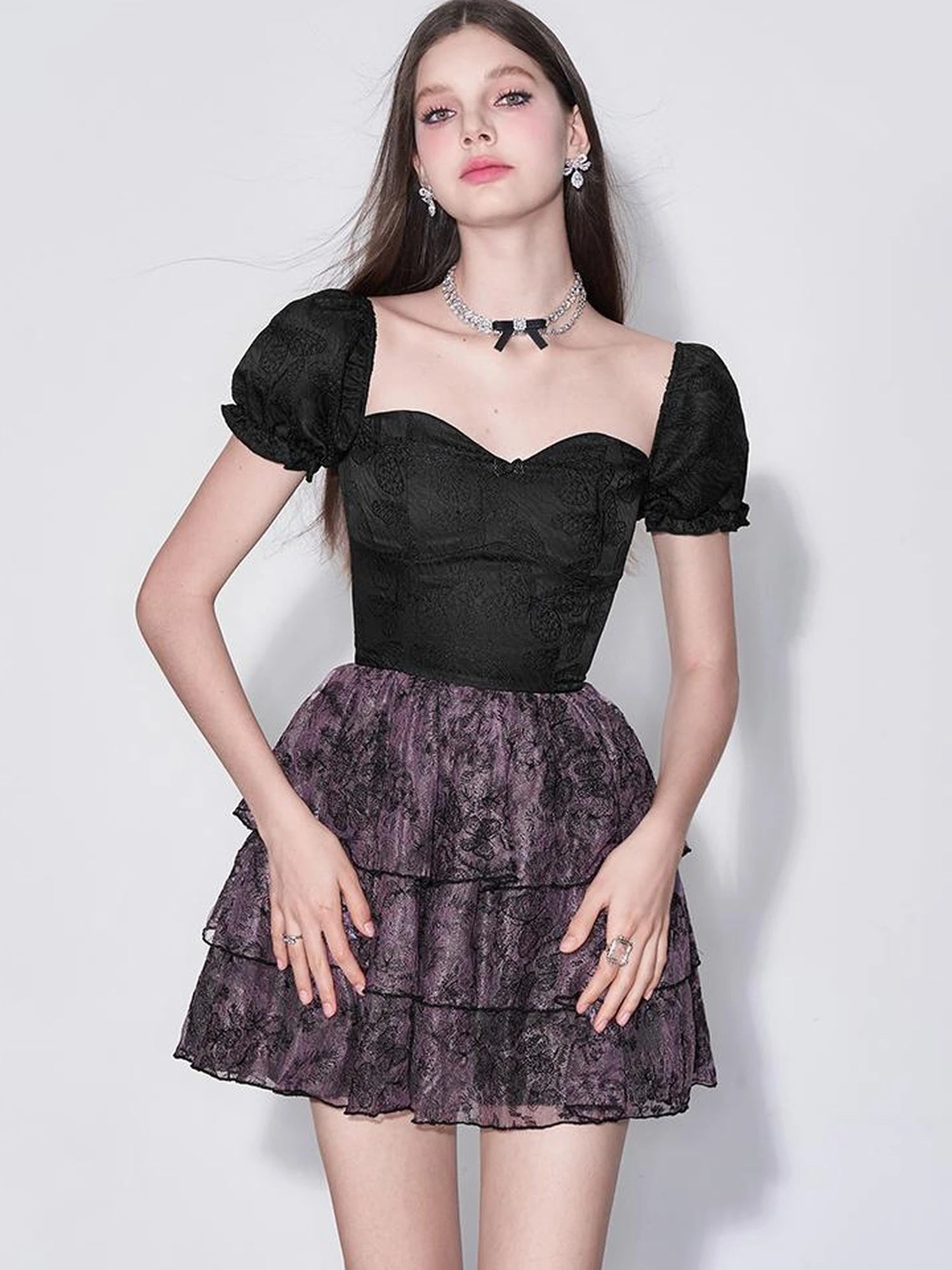 Mystic Purple Butterfly Lace Trim Fit Flare Bubble Hem Dress