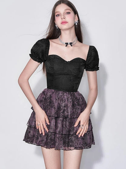 Mystic Purple Butterfly Lace Trim Fit Flare Bubble Hem Dress