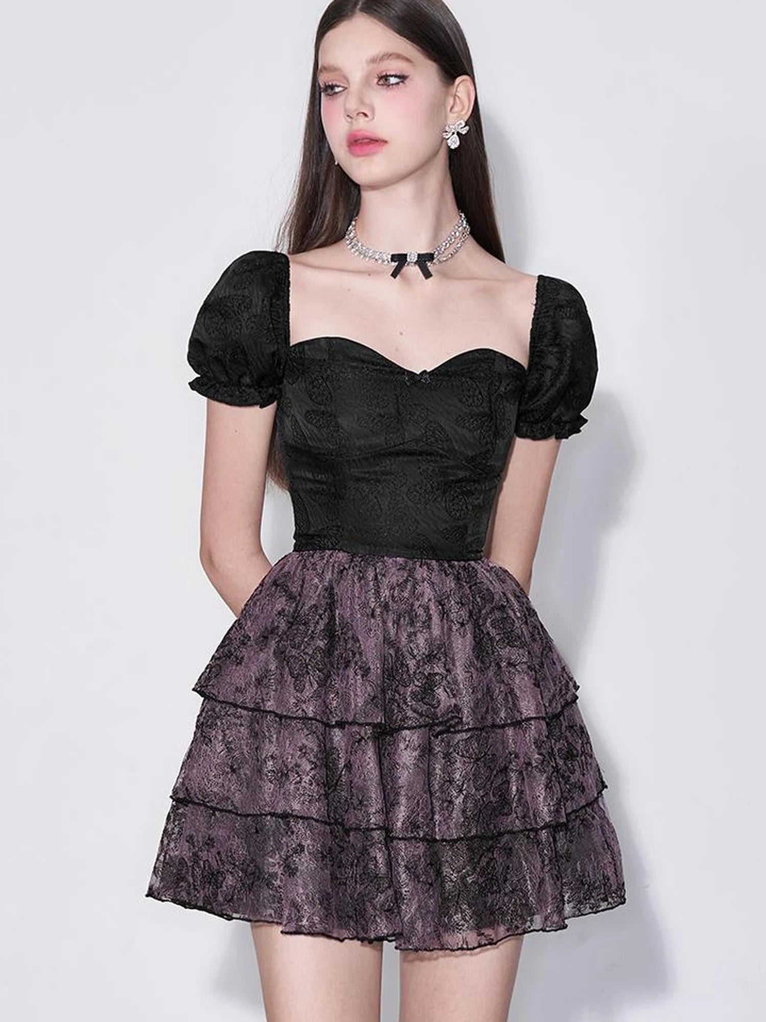 Mystic Purple Butterfly Lace Trim Fit Flare Bubble Hem Dress