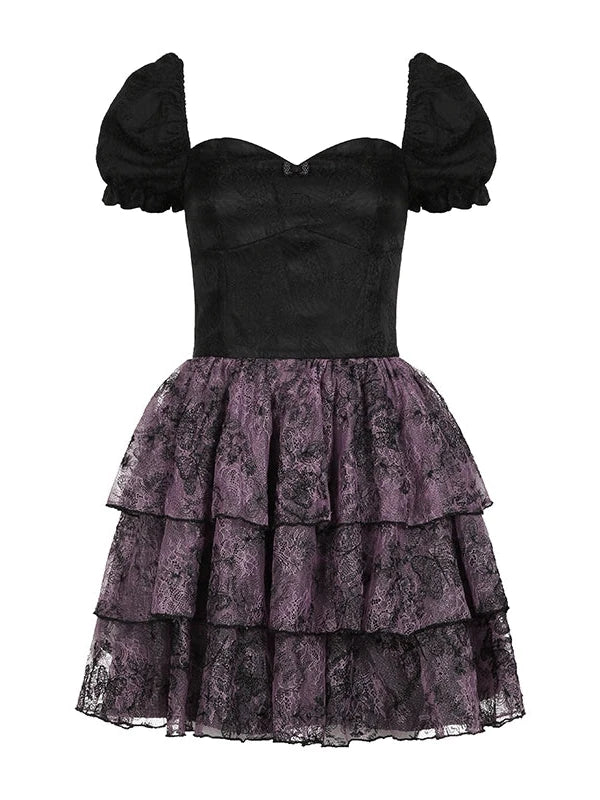Mystic Purple Butterfly Lace Trim Fit Flare Bubble Hem Dress