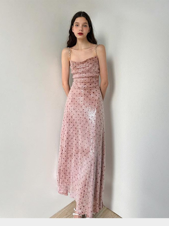 AFTADAWN Nebula Pink Polka Dot Sequin Cowl Pearl Chain Women&