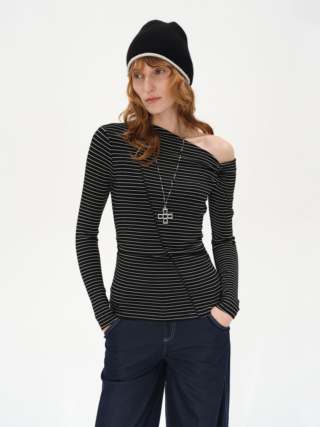 AFTADAWN Oblique Neck Pleated Long Sleeve Striped T-Shirt