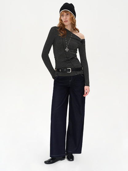 AFTADAWN Oblique Neck Pleated Long Sleeve Striped T-Shirt