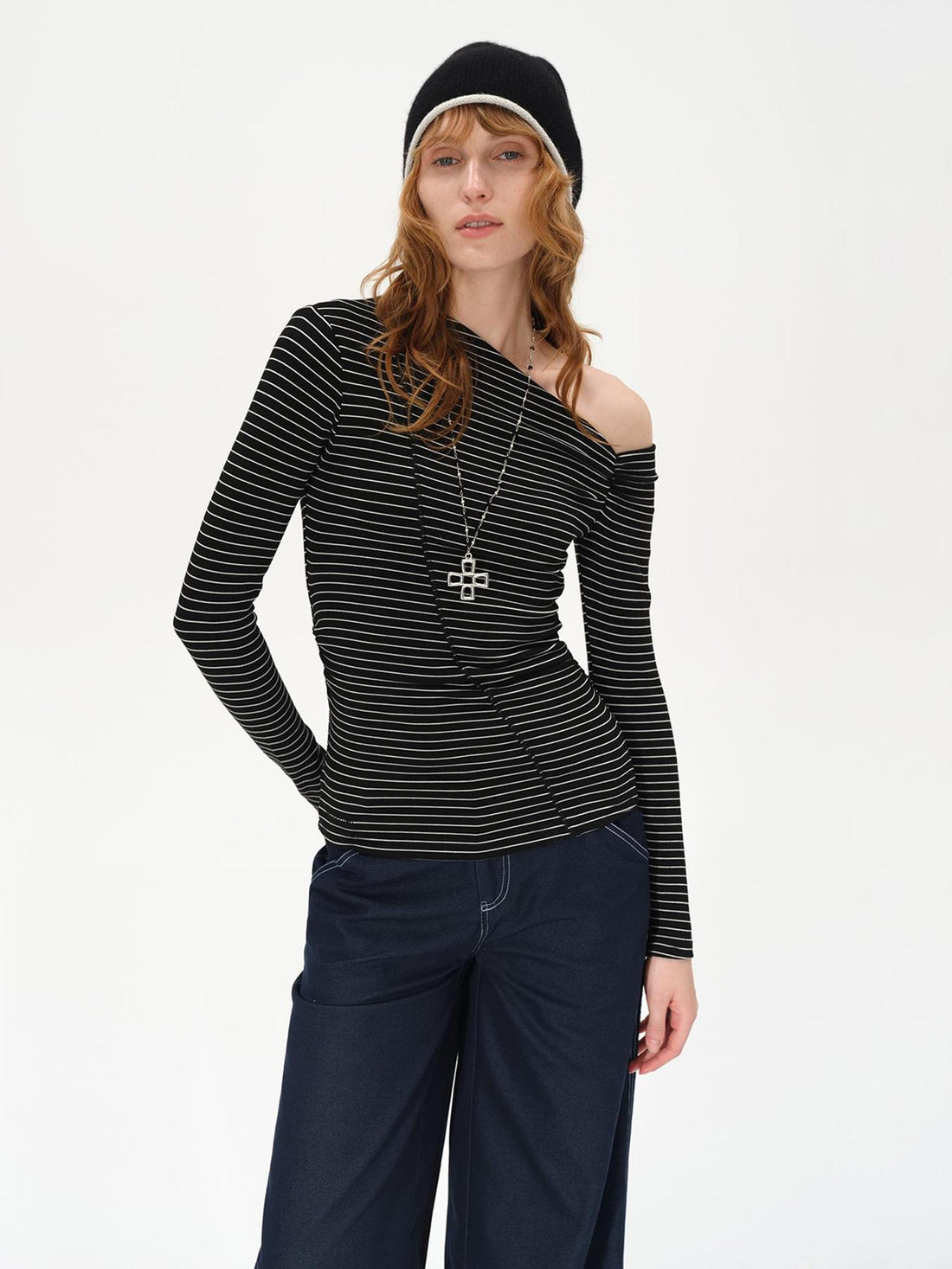 AFTADAWN Oblique Neck Pleated Long Sleeve Striped T-Shirt