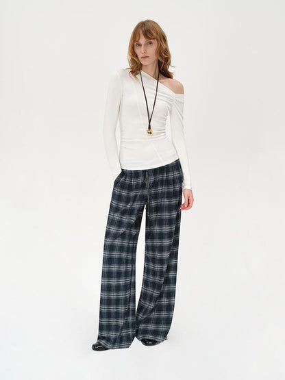AFTADAWN Oblique Neck Pleated Long Sleeve Striped T-Shirt