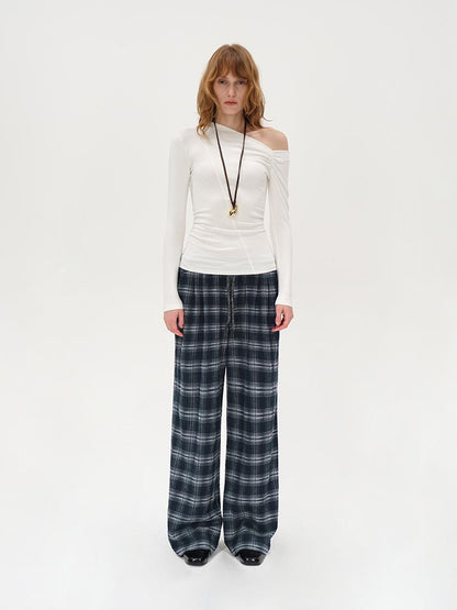 AFTADAWN Oblique Neck Pleated Long Sleeve Striped T-Shirt