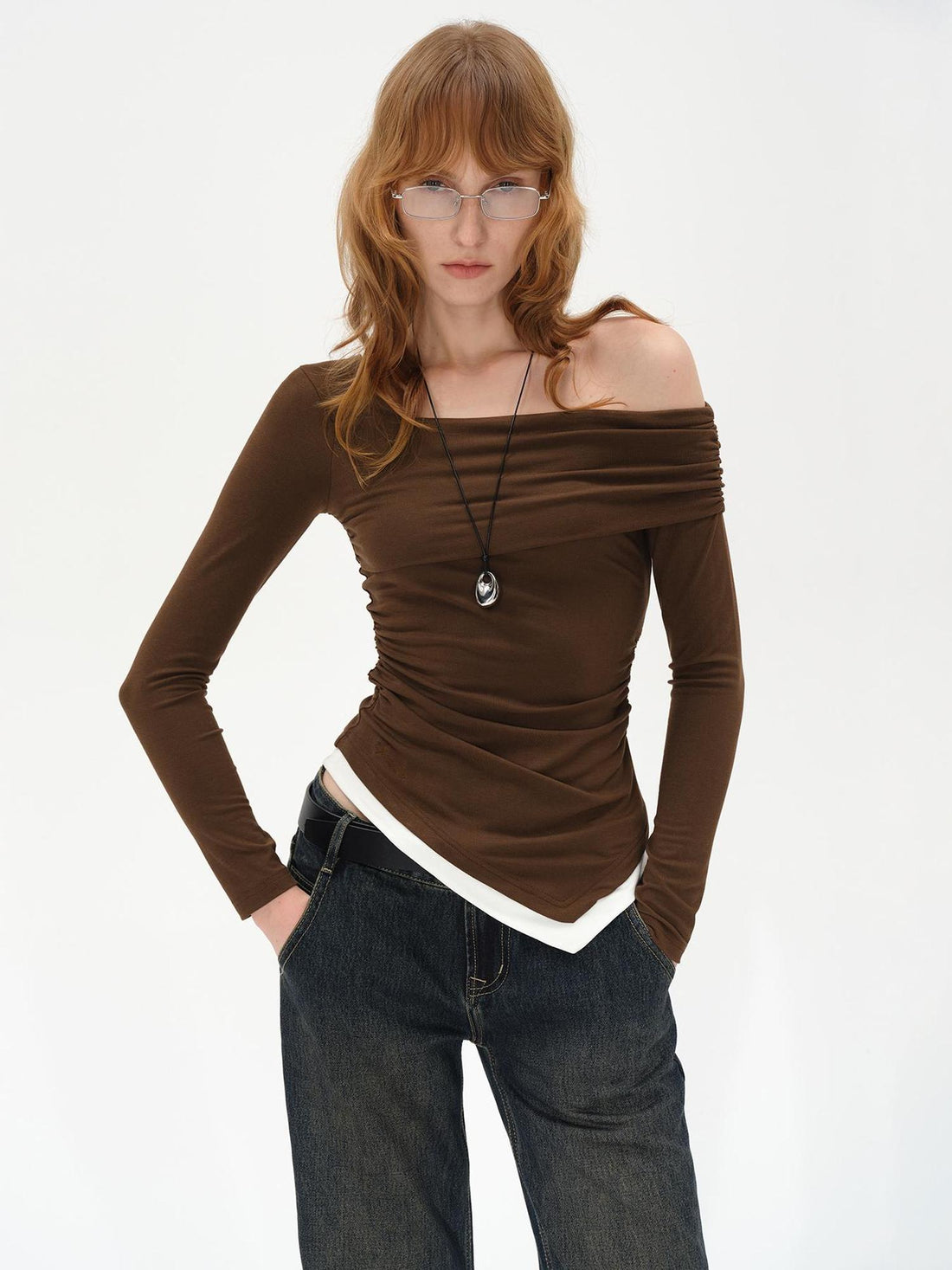 AFTADAWN Off Shoulder Color Block Hem Knitted Tee