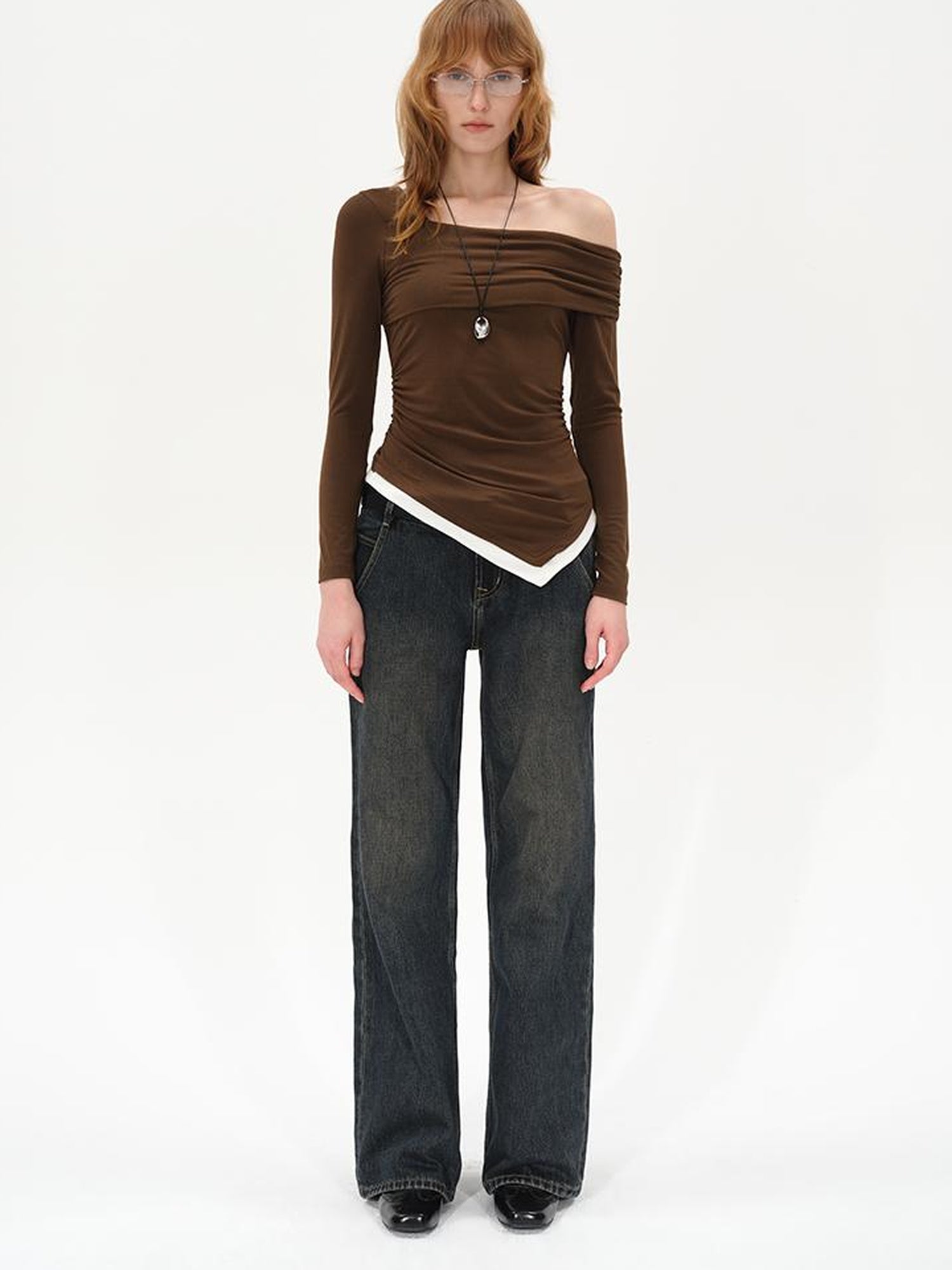 AFTADAWN Off Shoulder Color Block Hem Knitted Tee