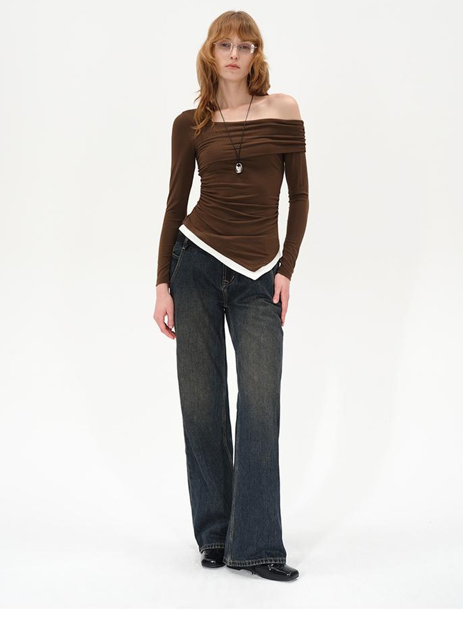 AFTADAWN Off Shoulder Color Block Hem Knitted Tee