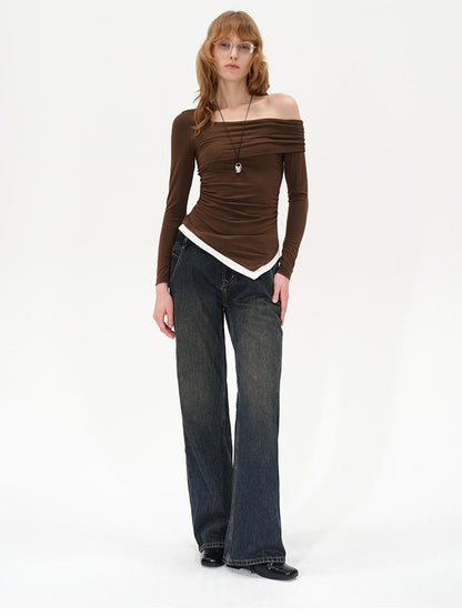 AFTADAWN Off Shoulder Color Block Hem Knitted Tee