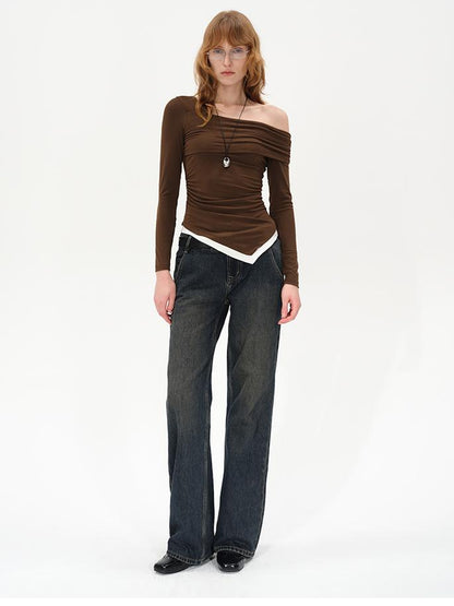 AFTADAWN Off Shoulder Color Block Hem Knitted Tee