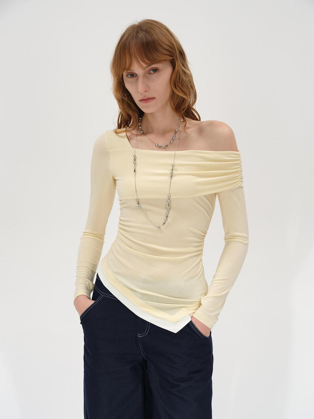 AFTADAWN Off Shoulder Color Block Hem Knitted Tee