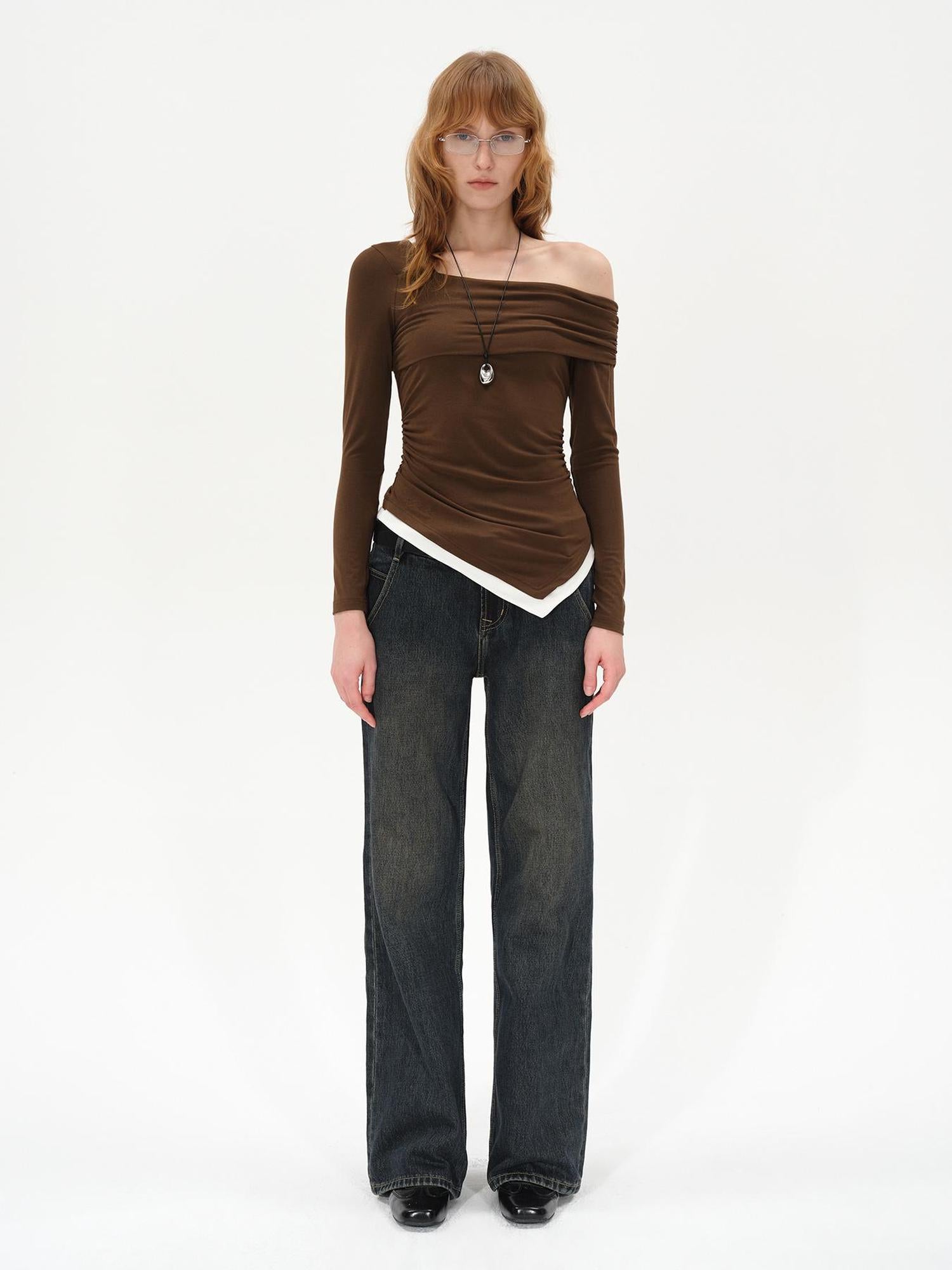 AFTADAWN Off Shoulder Color Block Hem Knitted Tee