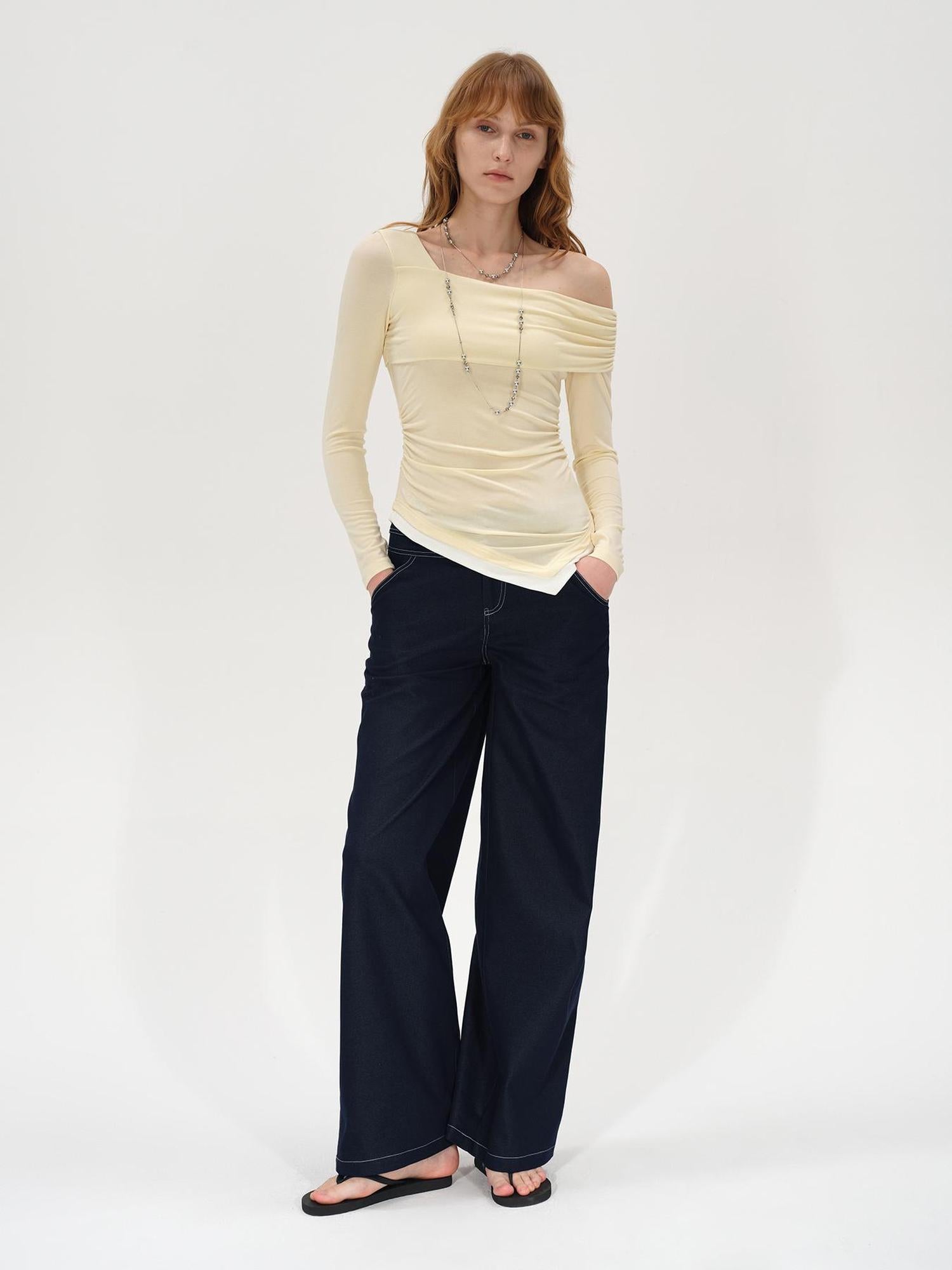 AFTADAWN Off Shoulder Color Block Hem Knitted Tee
