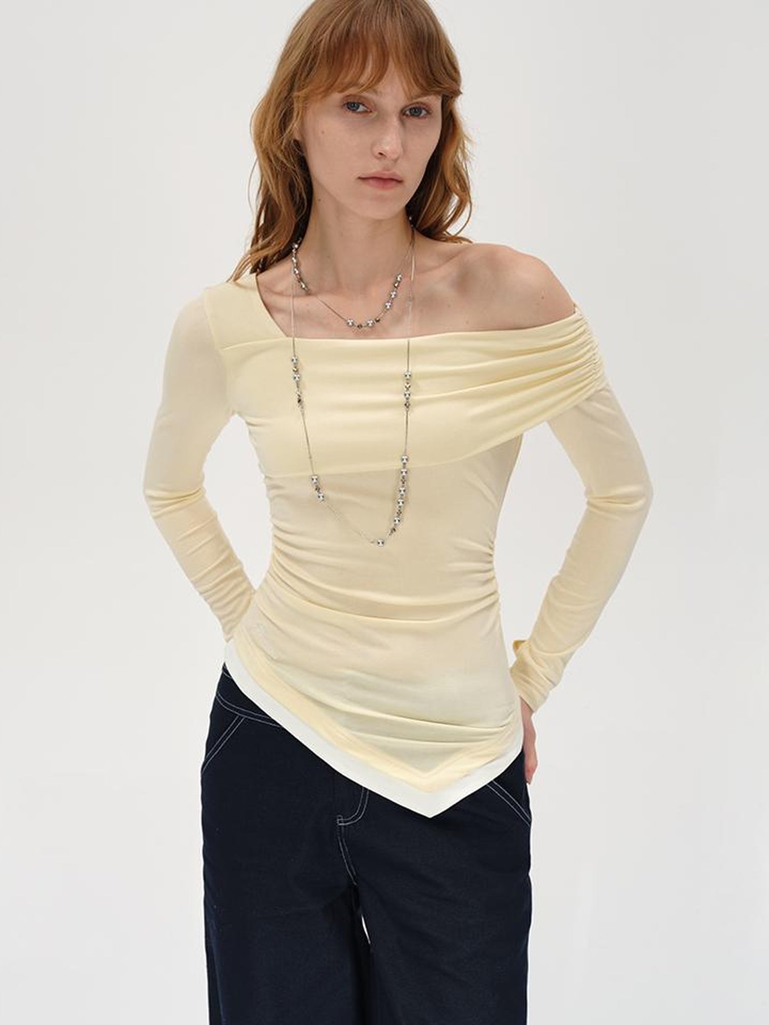 AFTADAWN Off Shoulder Color Block Hem Knitted Tee
