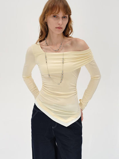 AFTADAWN Off Shoulder Color Block Hem Knitted Tee