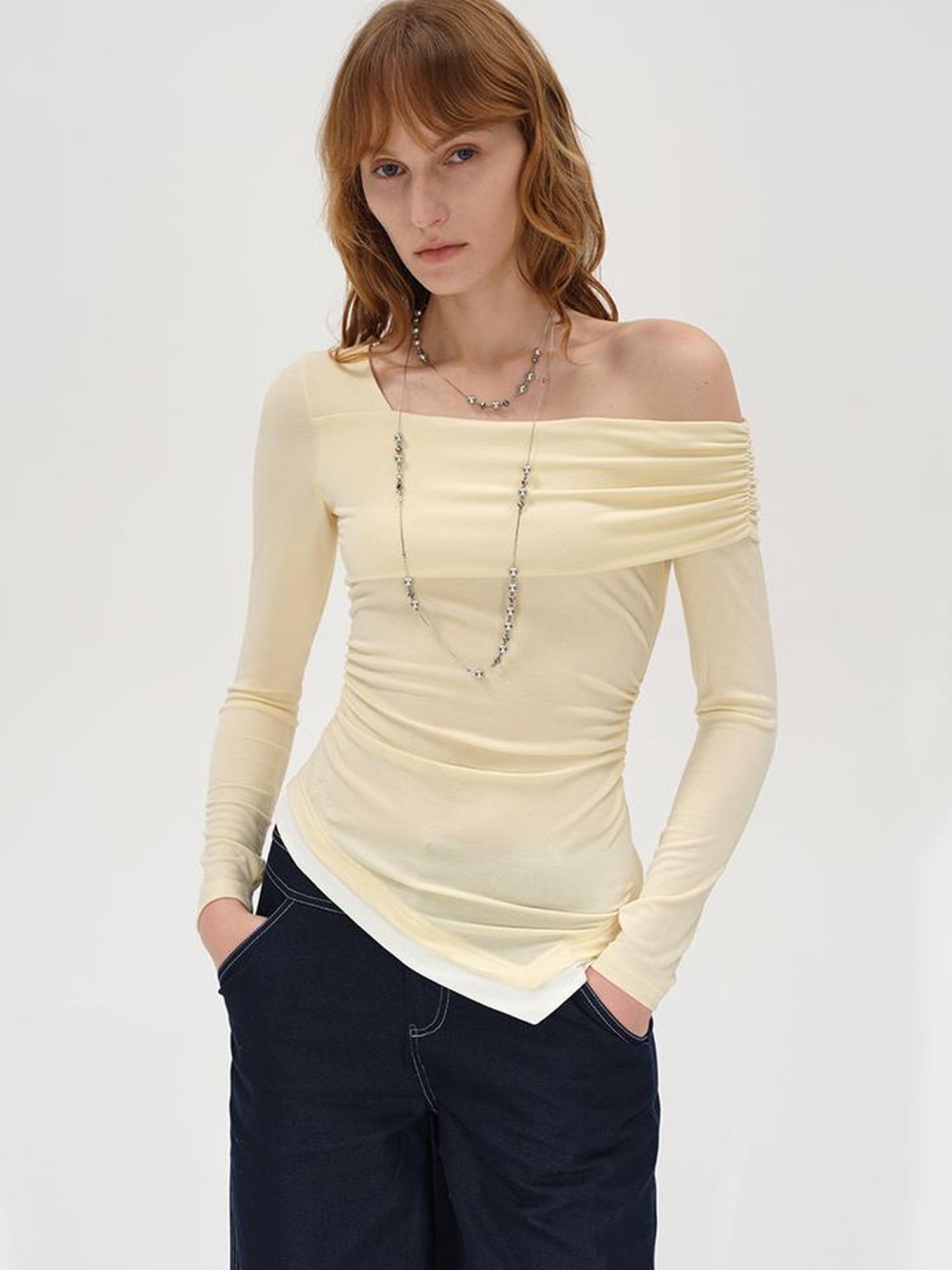 AFTADAWN Off Shoulder Color Block Hem Knitted Tee