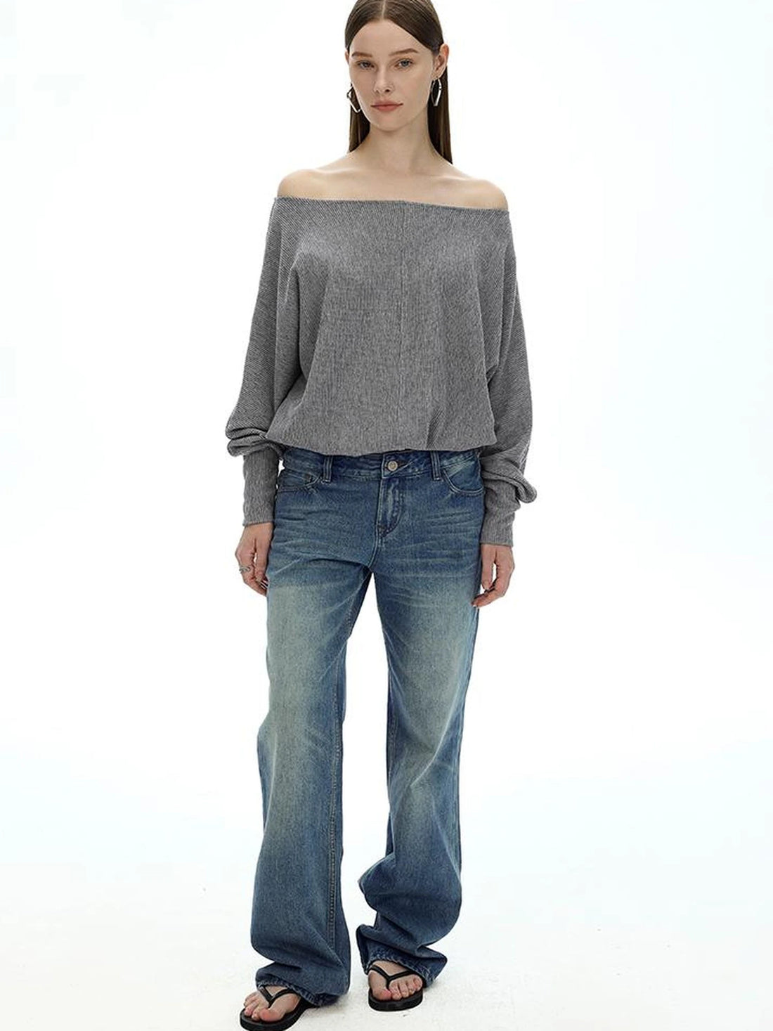 Off Shoulder Embroidered Glitter Loose Fit Top