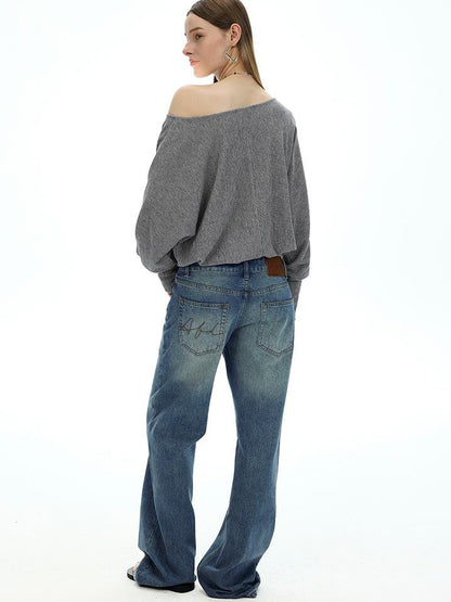 AFTADAWN Off Shoulder Embroidered Glitter Loose Fit Top