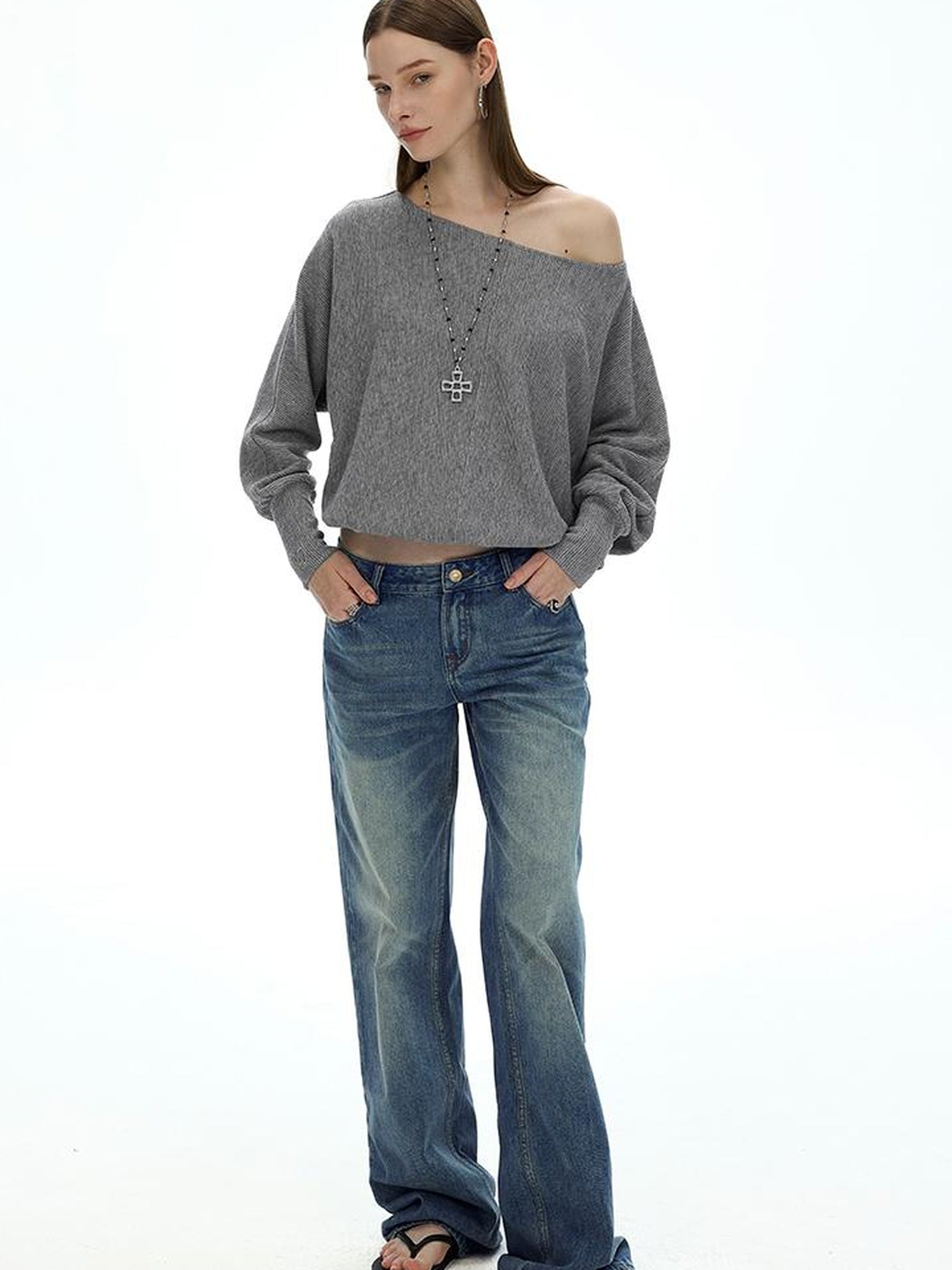 AFTADAWN Off Shoulder Embroidered Glitter Loose Fit Top