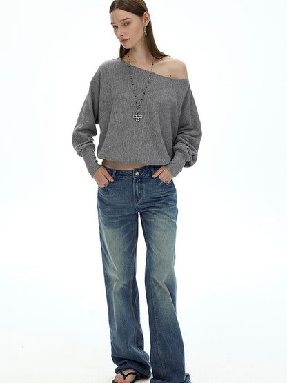 AFTADAWN Off Shoulder Embroidered Glitter Loose Fit Top