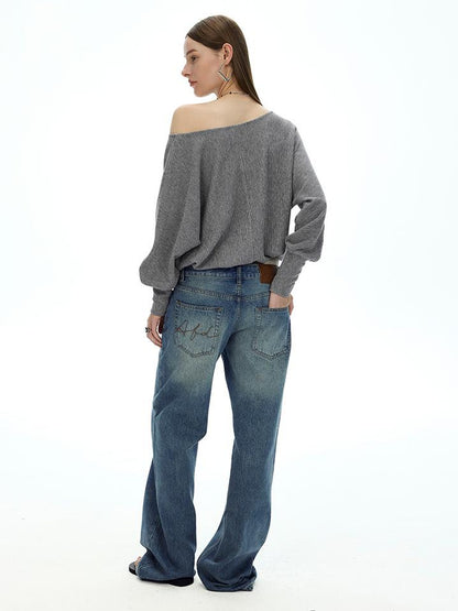 AFTADAWN Off Shoulder Embroidered Glitter Loose Fit Top