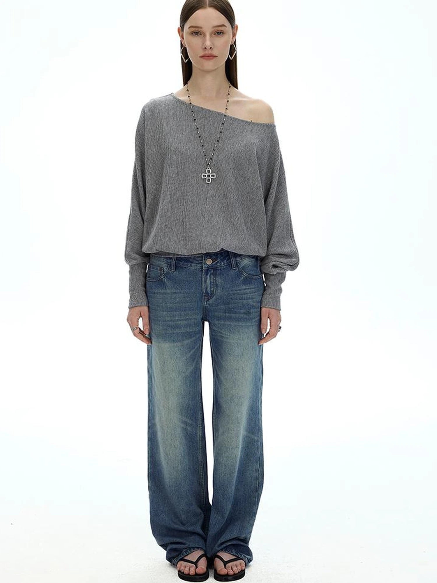 Off Shoulder Embroidered Glitter Loose Fit Top