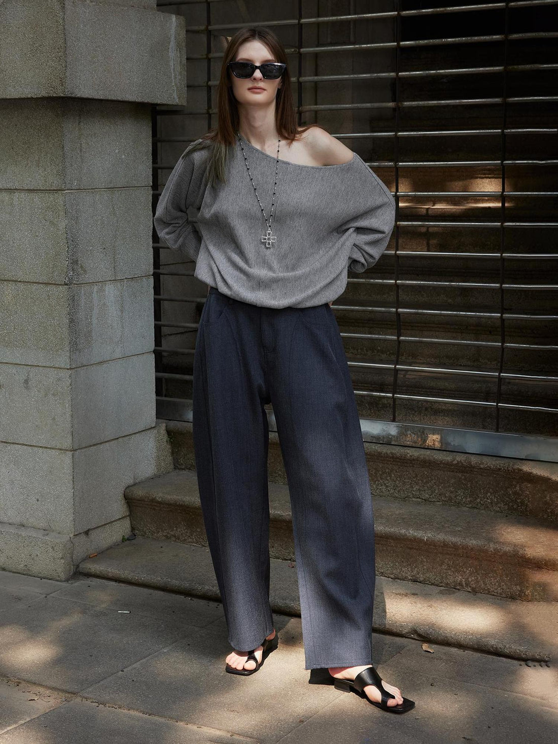 AFTADAWN Off Shoulder Embroidered Glitter Loose Fit Top